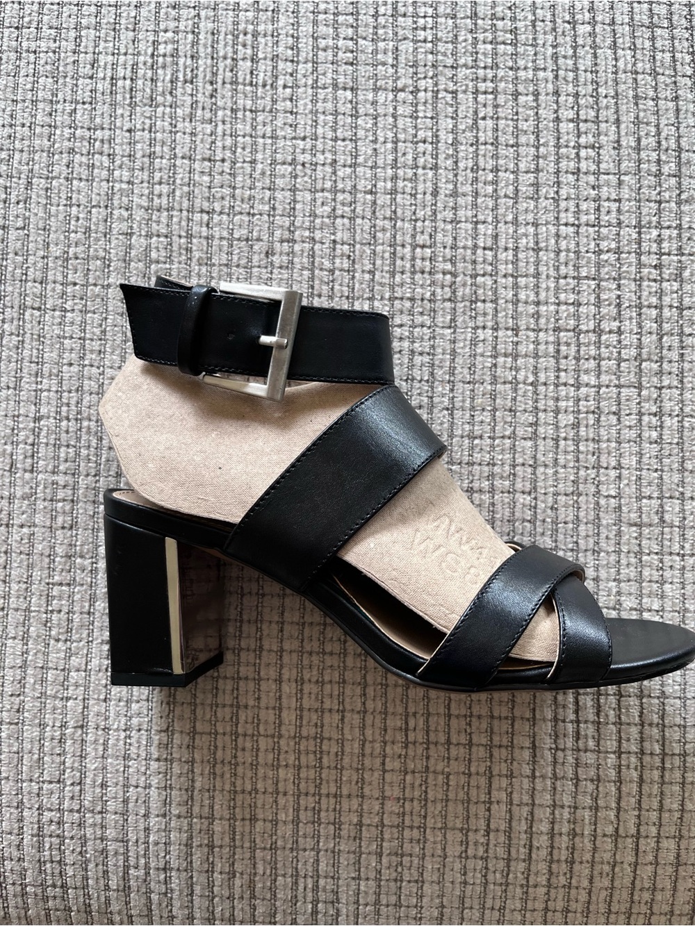 Adrienne Vittadini NWTSize 7.5 Black Strappy Silver Trim Block Heel Sandals
